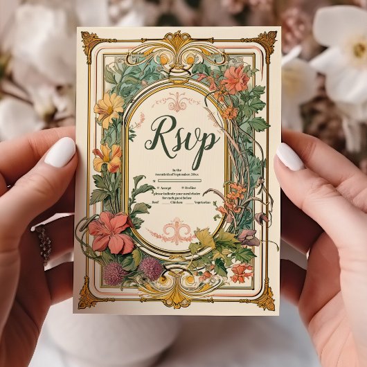 Bloemen Art Nouveau Bruiloft RSVP Kaartje