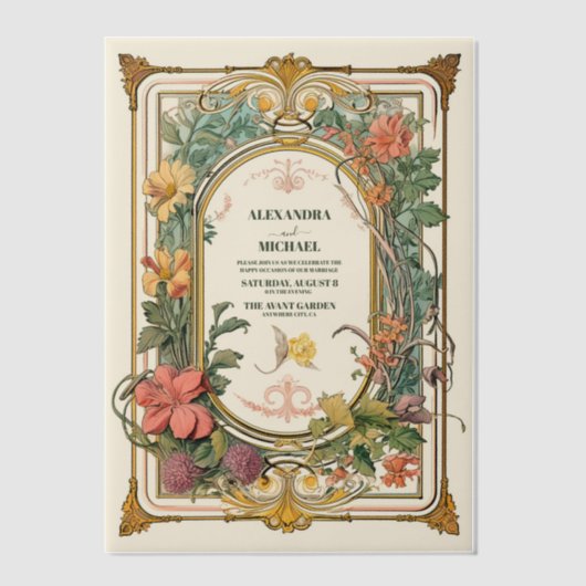 Bloemen Art Nouveau Bruiloft Vellum Uitnodigingen (Voorkant)