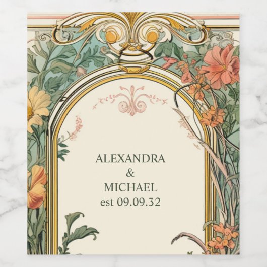  Bloemen Art Nouveau Bruiloft Wijn Etiket (Enkel label)