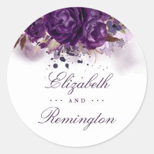 Bloemen aubergine Paarse Waterverf bruiloft Ronde Sticker