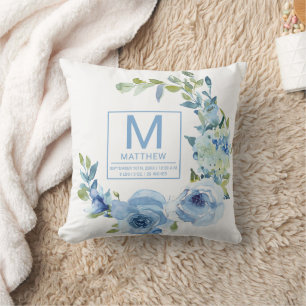 Bloemen Baby Blauw Geboortestatistieken Pasgeboren Kussen