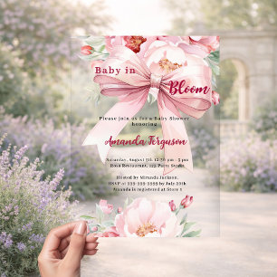 Bloemen baby bloei roze strik helder Baby shower Acryl Uitnodigingen
