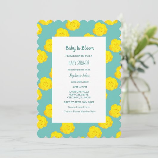 Bloemen Baby in bloei Baby shower Blauwgroen gele Kaart (Staand voorkant)
