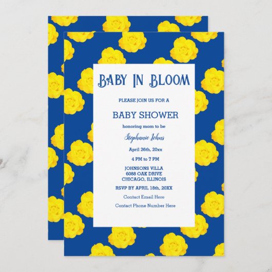 Bloemen Baby in bloei Baby shower geel Navy blauw Kaart (Voorkant / Achterkant)
