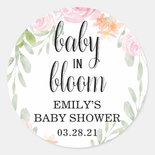 Bloemen Baby in Bloom Stickers, Baby shower Favor Ronde Sticker (Voorkant)