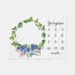 Bloemen Baby Meisje Blauw Paarse Maandelijkse Mijl Fleece Deken