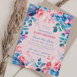 Bloemen Baby shower Blauw Roze Opslaan Datum Blush Kaart