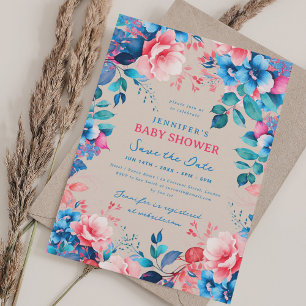Bloemen Baby shower Blauw Roze Opslaan Datum Champ Kaart