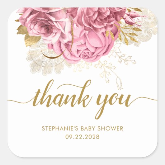 Bloemen Baby shower Roze Goud Dank u Vierkante Sticker (Voorkant)
