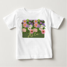 Bloemen baby top t-shirt Roze Asters & haar naam