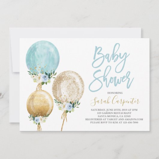 Bloemen ballon blauw en goud baby shower jongen in kaart (Voorkant)
