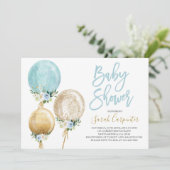 Bloemen ballon blauw en goud baby shower jongen in kaart (Staand voorkant)
