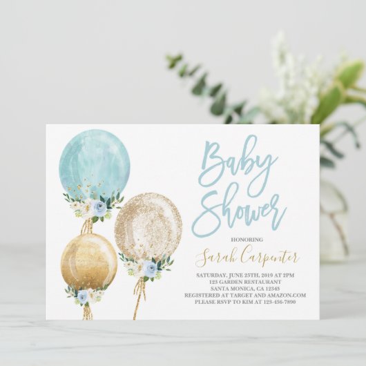 Bloemen ballon blauw en goud baby shower jongen in kaart (Staand voorkant)
