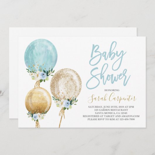 Bloemen ballon blauw en goud baby shower jongen in kaart (Voorkant / Achterkant)