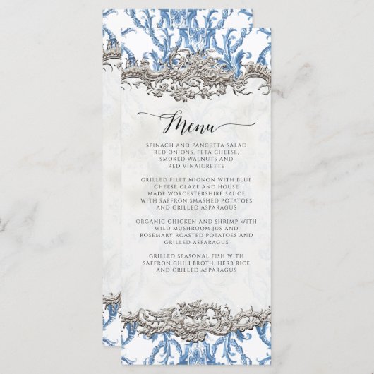Bloemen  Barok Rococo Blauw en Zilver Menu (Voorkant / Achterkant)