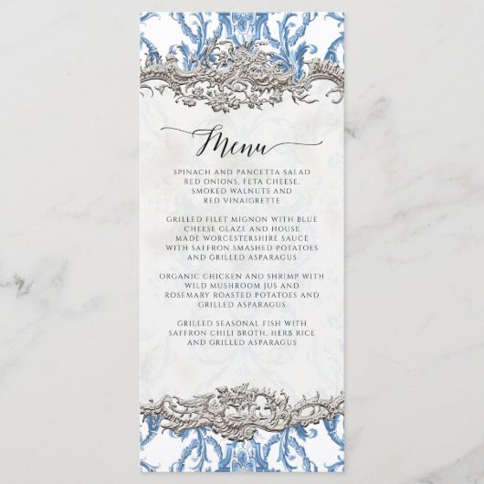 Bloemen Barok Rococo Blauw en Zilver Menu (Voorkant)