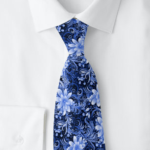 Bloemen batik in middernachtblauw stropdas
