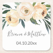 Bloemen Beige Wit Bruiloft Vierkant Papier C Vierkante Kartonnen Onderzetter (Voorkant)