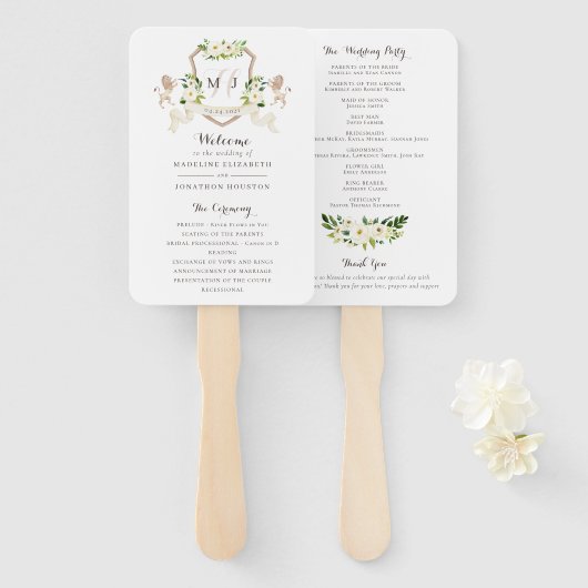 Bloemen Beige Wit groen Elegant Ivoor Ceremony Handwaaier (Voorkant en achterkant)