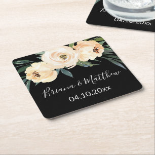 Bloemen Beige Zwart Bruiloft Vierkante Kartonnen Onderzetter