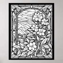 Bloemen & Bergen Glazen in lood raamkleuren Poster