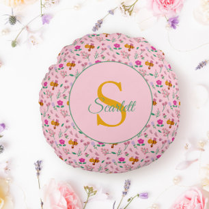 Bloemen bij & bloemen patroon Monogram Naam Rond Kussen