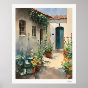 Bloemen Binnenplaats Canvas, Turquoise Deur Tuin Poster