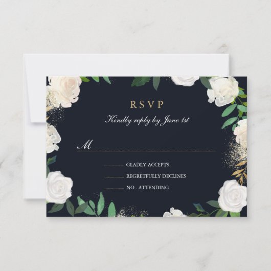 Bloemen Blad Blush Navy Goud Bruiloft RSVP (Voorkant)