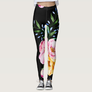 Bloemen & bladeren ontwerp op zwart leggings