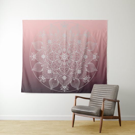 Bloemen, bladeren, witte kant, Floral Mandala op r Wandkleed (In Situ (horizontaal))