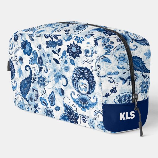 Bloemen Blauw en Wit Paisley Monogram Personalisee Toilettasje (Rechterhoek)