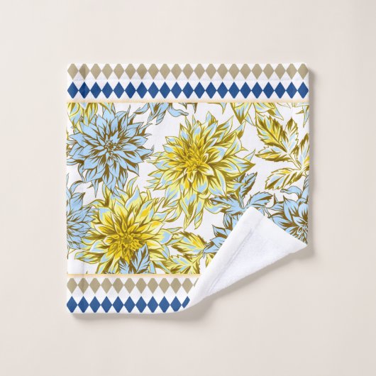 Bloemen Blauw Gele Dahlia's met Patterned Trim Bad Handdoek (Wasdoekje)