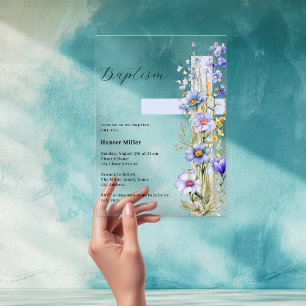 Bloemen blauw kruis jongen doop acryl uitnodigingen