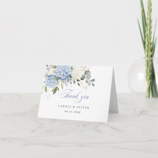 Bloemen Blauw Wit Hydrangea Groen Bruiloft Bedankkaart (Voorkant)