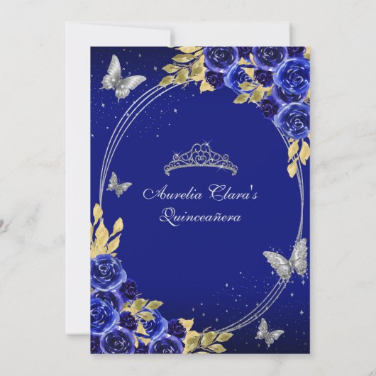 Bloemen Blauw Zilver Tiara Vlinder Mis Quinceañera Kaart (Achterkant)