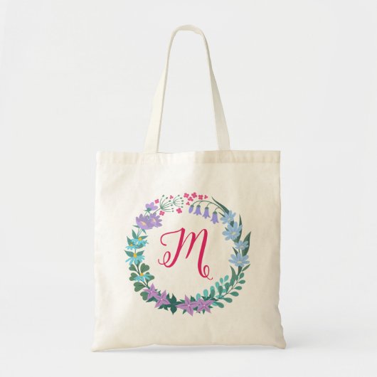 Bloemen Blauwbellen Kleurrijke Krans Monogram Tote Bag (Voorkant)