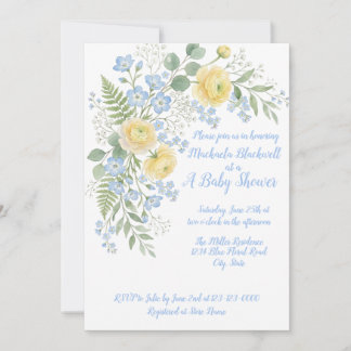Bloemen blauwe gele baby shower uitnodiging