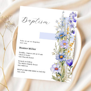 Bloemen blauwe kruis jongens Doop uitnodiging