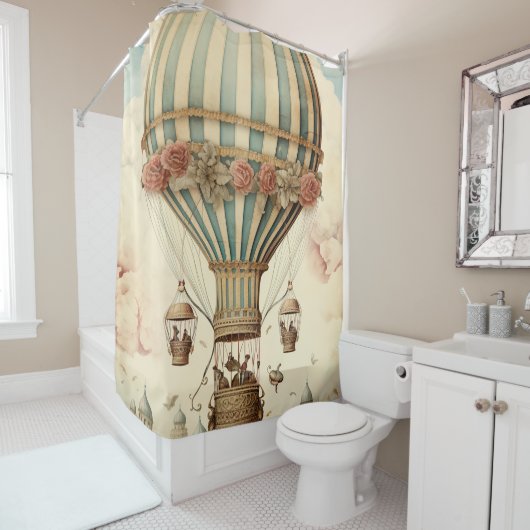 Bloemen Blauwe Streep Hete Luchtballon Douchegordijn (In situ)