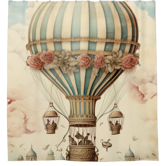  Bloemen Blauwe Streep Hete Luchtballon Douchegordijn (Voorkant)