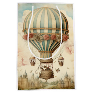 Bloemen Blauwe Streep Hete Luchtballon Medium Cadeauzakje