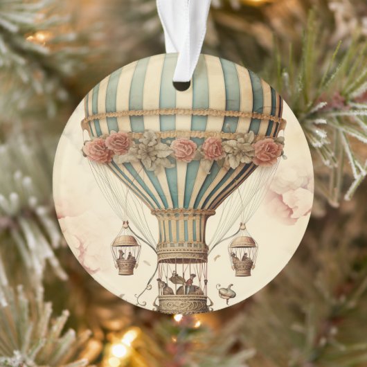  Bloemen Blauwe Streep Hete Luchtballon Ornament (Boom)