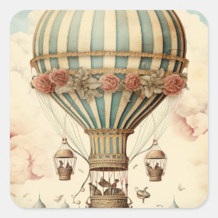  Bloemen Blauwe Streep Hete Luchtballon Vierkante Sticker