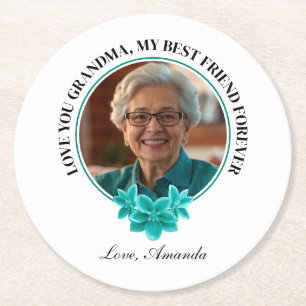 Bloemen Blauwgroen Lijst Kleinkind naar Oma Foto Ronde Kartonnen Onderzetter