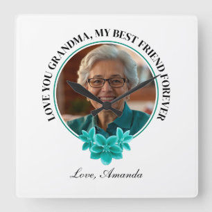 Bloemen Blauwgroen Lijst Kleinkind naar Oma Foto Vierkante Klok