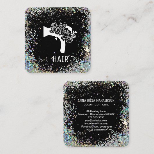 *~* Bloemen Blow Hair Dryer Flower Glitter AP6 Vierkante Visitekaartje (Voorkant / Achterkant)