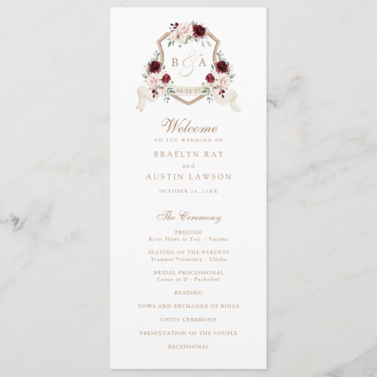 Bloemen Blush Bourgondië Monogram Crest Bruiloft Programma (Voorkant)
