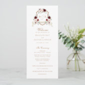 Bloemen Blush Bourgondië Monogram Crest Bruiloft Programma (Staand voorkant)