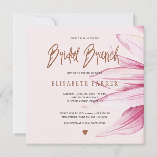 Bloemen blush koper glitter script bruids brunch kaart (Voorkant)