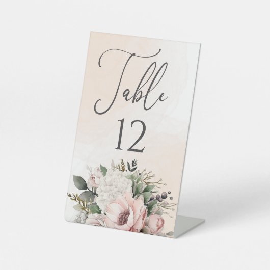 Bloemen Blush Roze Bruiloft Tafel Nummer Reclamebord Met Voetstuk (Voorkant)